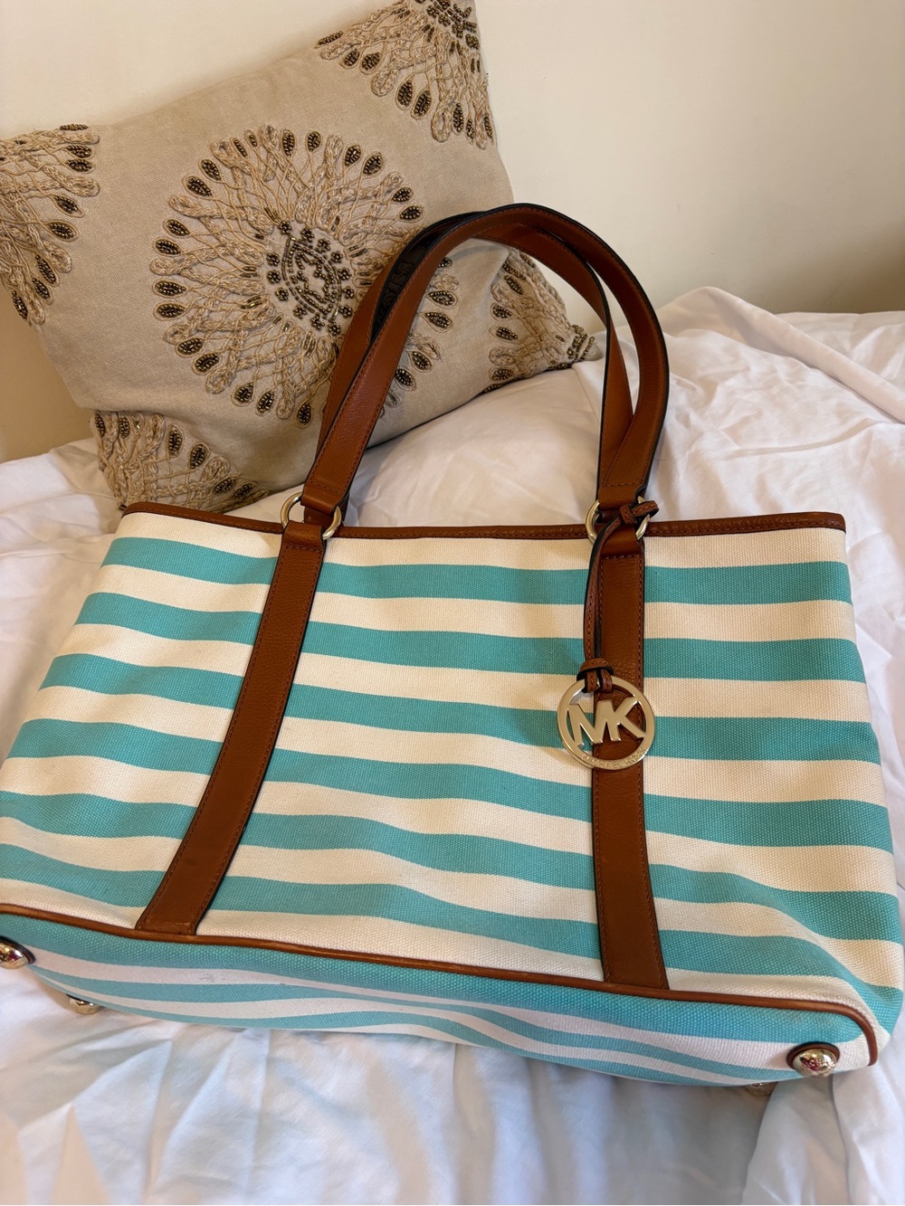 Michael Kors Turquoise and White Striped Canvas Tote with Brown Leather Trim